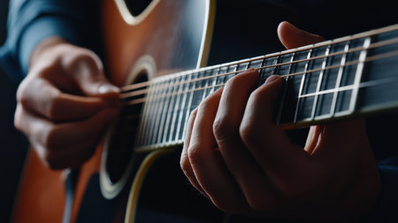 A close-up of hands showing how to play a chord on a guitar.の素材