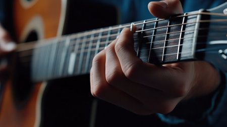 A close-up of hands showing how to play a chord on a guitar.の素材