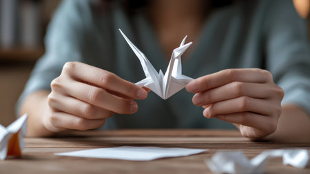 A person explaining how to make a paper origami craneの素材