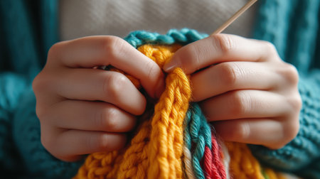 A close-up of hands showing how to crochet a scarf.の素材