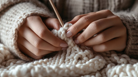 A close-up of hands showing how to crochet a scarf.の素材