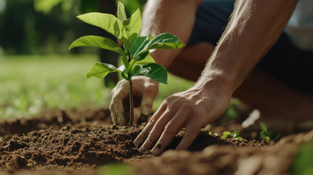 A person showing how to plant a tree in the backyard.の素材