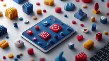 3d illustration of a mobile phone with social media icons on the screenの素材