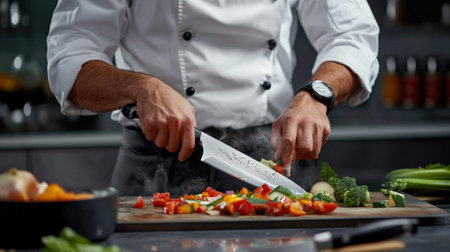 A chef showing how to chop vegetables with a sharp knife.の素材