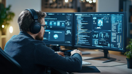 A person explaining how to install software on a computer.の素材