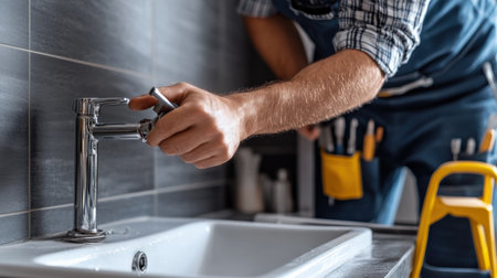 A person showing how to repair a leaking faucet with tools.の素材