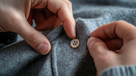 A close-up of hands showing how to sew a button onto fabric.の素材