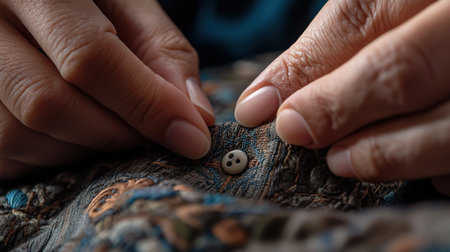 A close-up of hands showing how to sew a button onto fabric.の素材