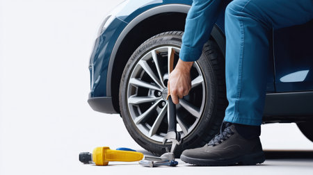 A person demonstrating how to change a car tire with toolsの素材