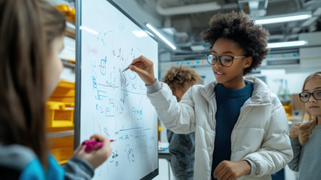 A teacher showing students how to solve a math equation on a whiteboard.の素材