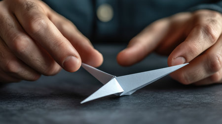 A close-up of fingers showing how to fold a paper airplane.の素材