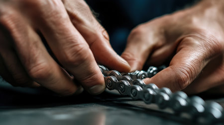A close-up of hands demonstrating how to put on a bicycle chain.の素材