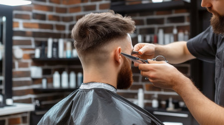 A professional showing how to cut hair with scissors.の素材