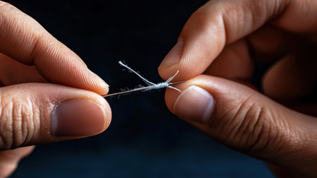A close-up of hands showing how to thread a needle for sewing.の素材