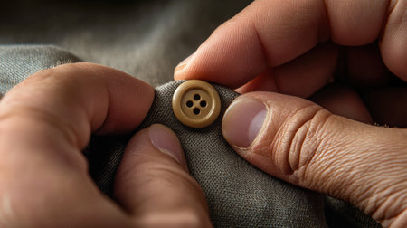 A close-up of hands showing how to sew a button onto fabric.の素材