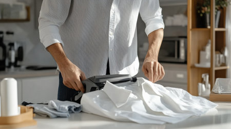 A person showing how to iron a shirt with perfect creases.の素材