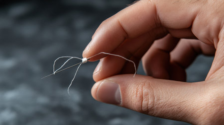 A close-up of hands showing how to thread a needle for sewing.の素材