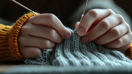 A close-up of hands showing how to knit a hat.の素材