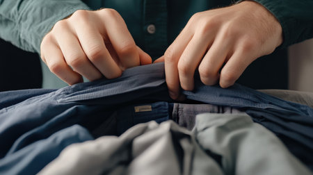 A close-up of hands showing how to fold clothes for storage.の素材