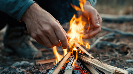 A close-up of hands showing how to light a campfire safely.の素材