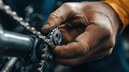 A close-up of hands demonstrating how to put on a bicycle chain.の素材