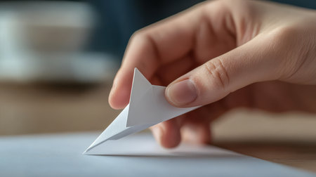 A close-up of fingers showing how to fold a paper airplane.の素材
