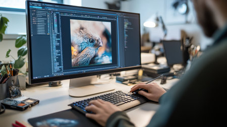 A person demonstrating how to edit photos on a computer.の素材