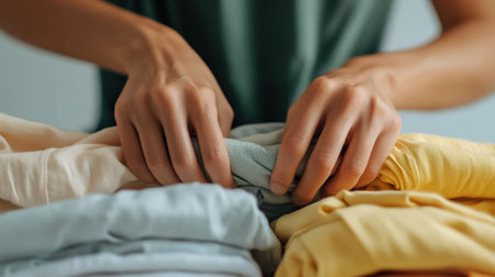 A close-up of hands showing how to fold clothes for storage.の素材