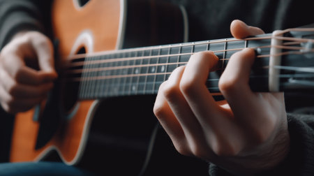 A close-up of hands showing how to play a chord on a guitar.の素材