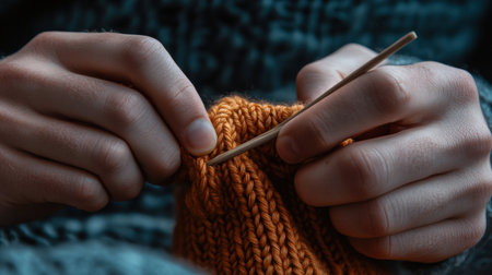 A close-up of hands showing how to knit a hat.の素材