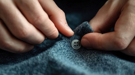 A close-up of hands showing how to sew a button onto fabricの素材
