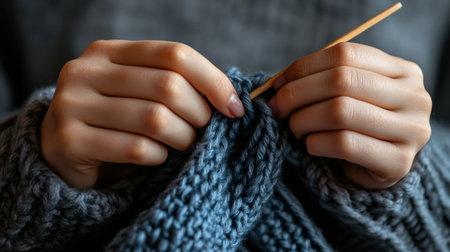 A close-up of hands showing how to crochet a scarf.の素材
