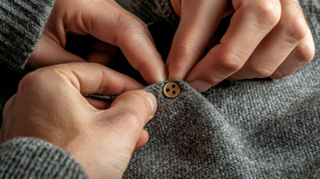 A close-up of hands showing how to sew a button onto fabric. --ar 16:9 --personalize jaydbm9 --v 6.1 Job ID: e463787d-bbce-41b6-8573-dabfb87e623dの素材