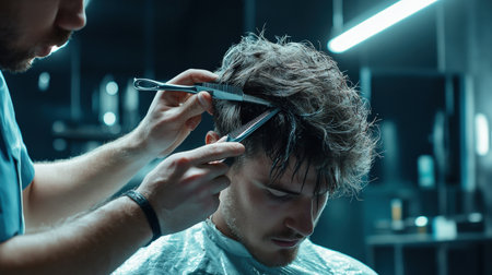 A professional showing how to cut hair with scissors.の素材