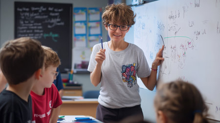 A teacher showing students how to solve a math equation on a whiteboard.の素材