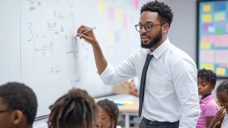 A teacher showing students how to solve a math equation on a whiteboard.の素材