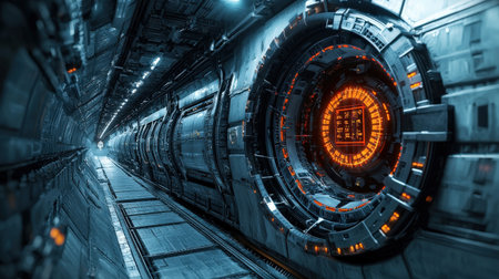 Smart robot in dark underground tunnel, showcasing high-end AI mining automation and precision toolsの素材