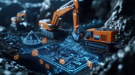 Luxury robotic mining with digital tools, ideal for futuristic branding in mineral extractionの素材