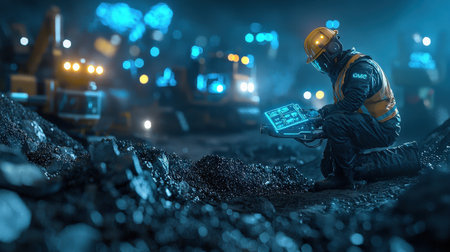 AI-driven mining exploration with advanced robots, perfect for futuristic automation and technology displaysの素材