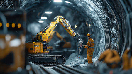 Luxury robot drill working in dark, futuristic mining tunnels, designed for premium branding needsの素材