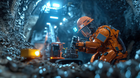 AI-enhanced underground robot performing high-tech mining operations, ideal for advanced branding scenesの素材