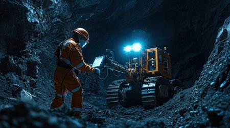 AI-enhanced underground robot performing high-tech mining operations, ideal for advanced branding scenesの素材