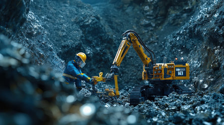 High-tech robot exploring a mineral-rich digital mine, designed with premium automated controlsの素材