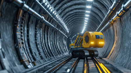 3D rendering of a yellow robot working in a futuristic tunnel.の素材