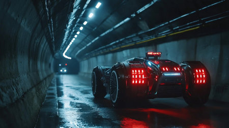 Car in underground tunnel with red lights at night. 3d renderingの素材