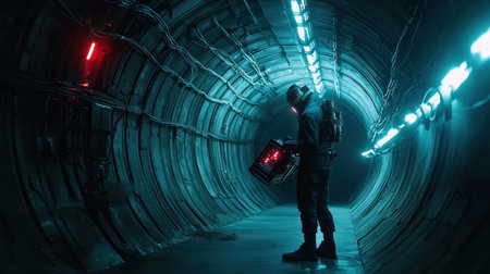 Man in a gas mask with a flashlight in a dark tunnel.の素材