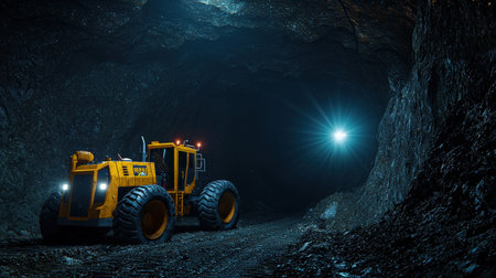 Excavator in a mine tunnel. 3D Rendering.の素材