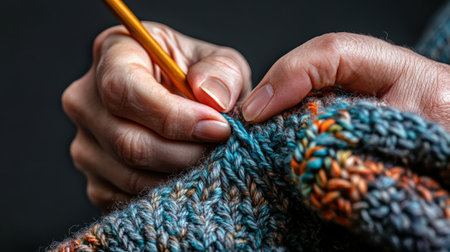 A close-up of hands showing how to knit a hat.の素材