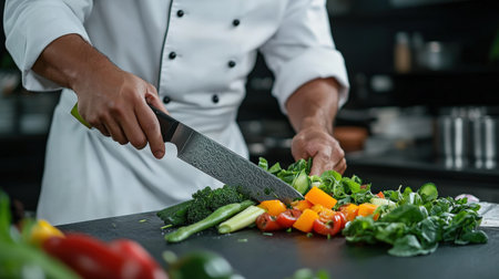 A chef showing how to chop vegetables with a sharp knifeの素材