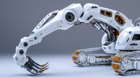 3d rendering robotic arm on grey background with copy space for textの素材